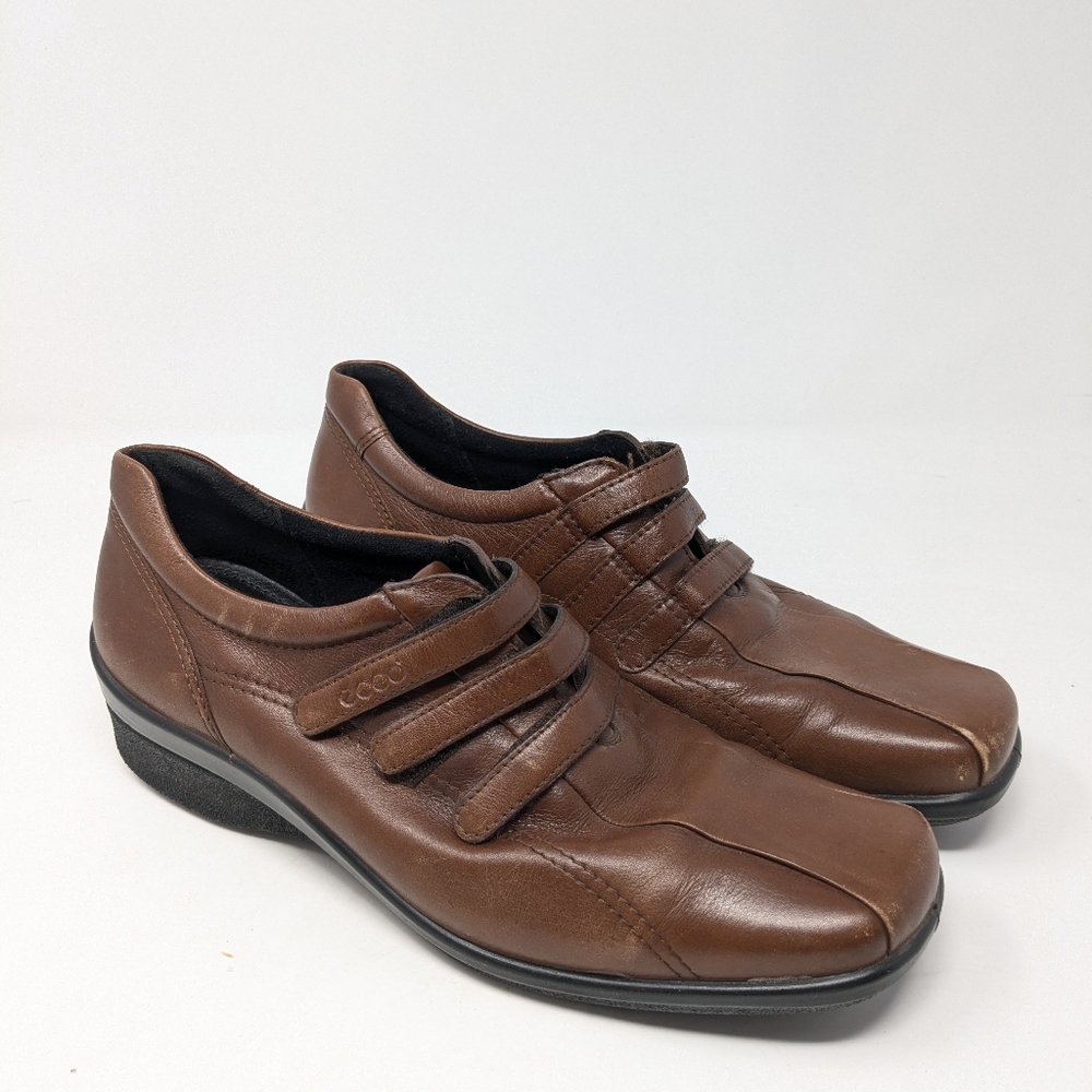Ecco Wedge Loafers Womens EU Size 39 US 8 8.5 Brown Leather Three Strap Slip Ons
